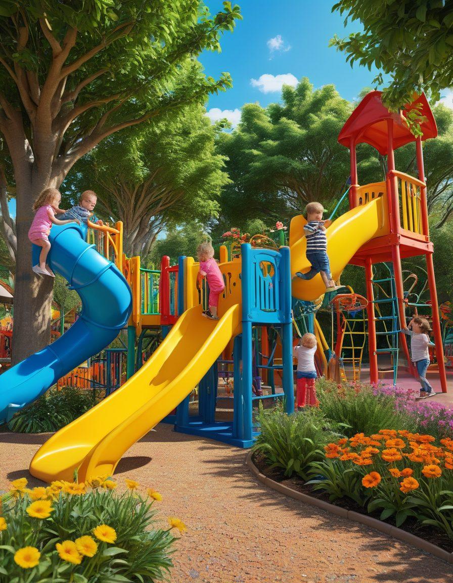 A vibrant and colorful playground scene featuring toddlers engaging in fun adventures, such as climbing and sliding on play structures, alongside older kids playing games like tag and frisbee. The area is filled with lush greenery, bright flowers, and various play equipment suitable for all ages, highlighting inclusivity and joy. Include a sunny sky in the background, portraying a cheerful and lively atmosphere. super-realistic. vibrant colors. 3D.