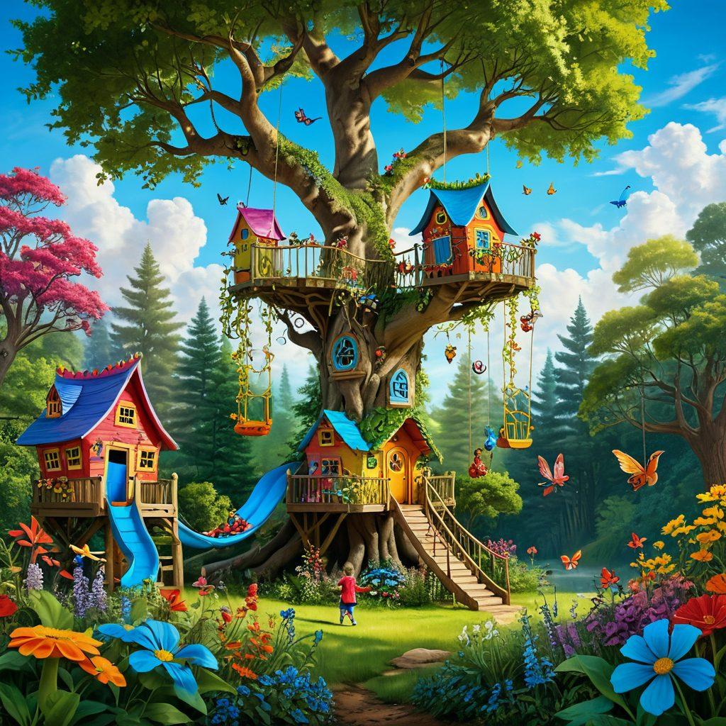 A whimsical scene where children play in a vibrant forest, surrounded by imaginative creatures and colorful flowers, illustrating the connection between nature and creativity. The sky is filled with soft clouds and there are playful elements like swings made of vines and a tree house. Emphasize joy and exploration, reflecting how nature stimulates the imagination for child development. super-realistic. vibrant colors. nature-inspired.