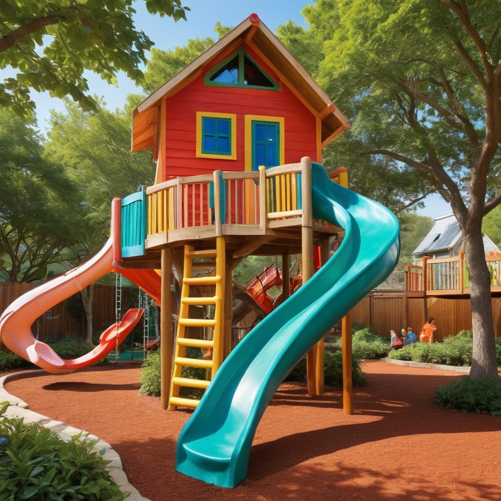 A vibrant and colorful playground filled with unique structures like a giant treehouse, whimsical slides, and climbing walls inspired by nature. Children of diverse backgrounds are engaged in imaginative play, some building with large blocks, while others explore interactive educational stations. Surrounding the playground, lush greenery and bright flowers enhance the lively atmosphere, inviting joy and creativity. The scene captures happiness and exploration, radiating a sense of wonder. super-realistic. vibrant colors.